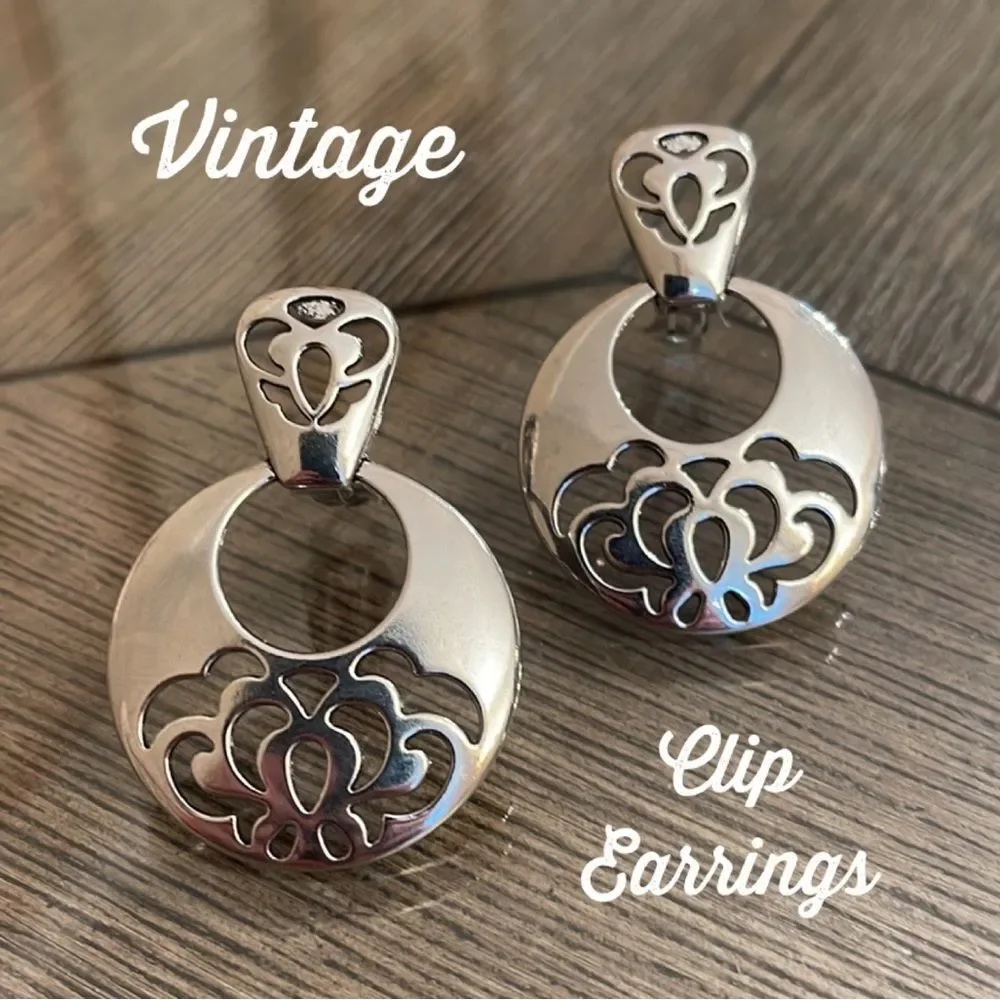 Vintage Silver-tone Door Knocker Clip Earrings, Floral Design